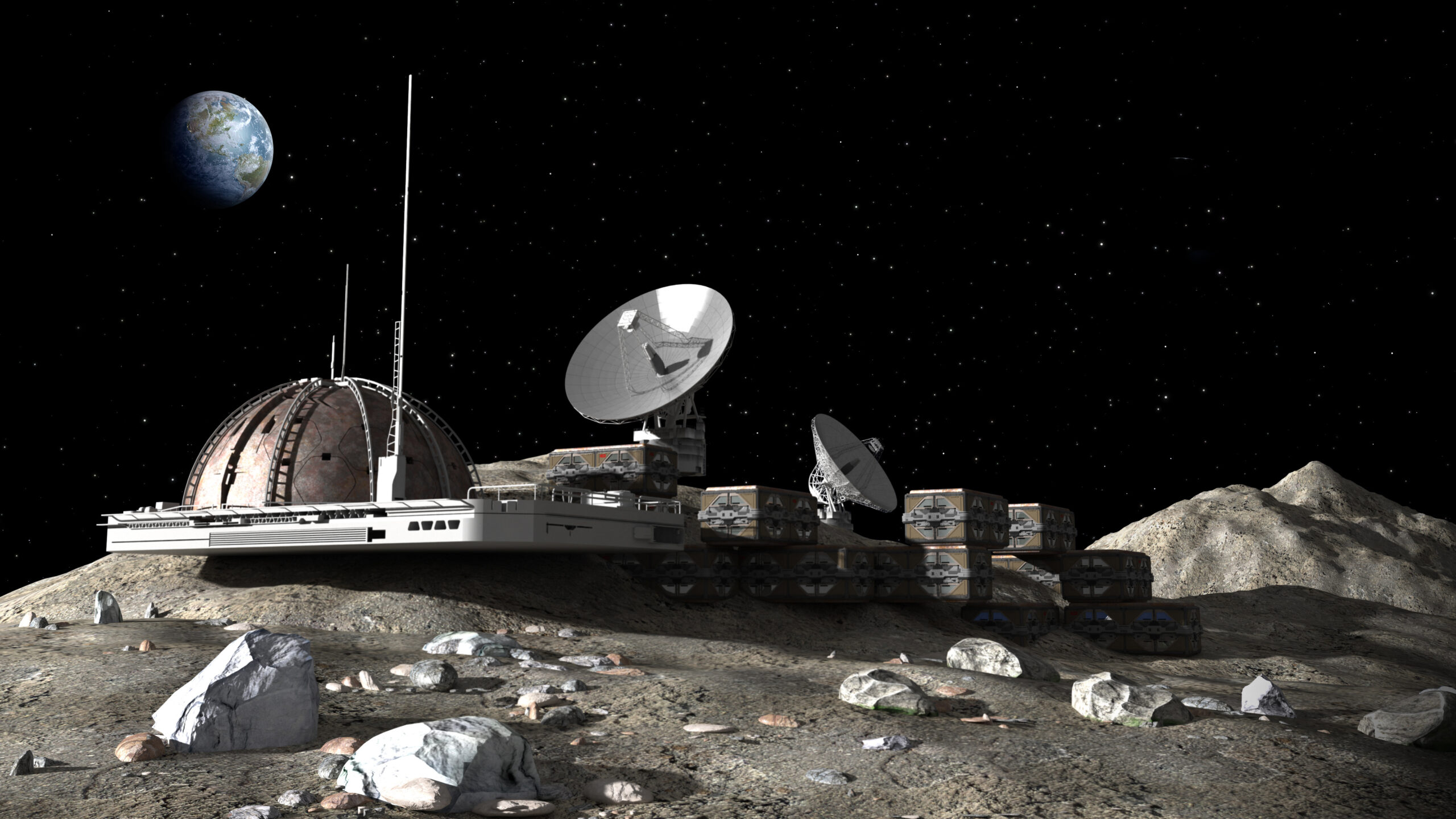 A futuristic lunar base with satellite dishes and domed structures is set on a rocky moon surface. Earth is visible in the black starry sky in the background.