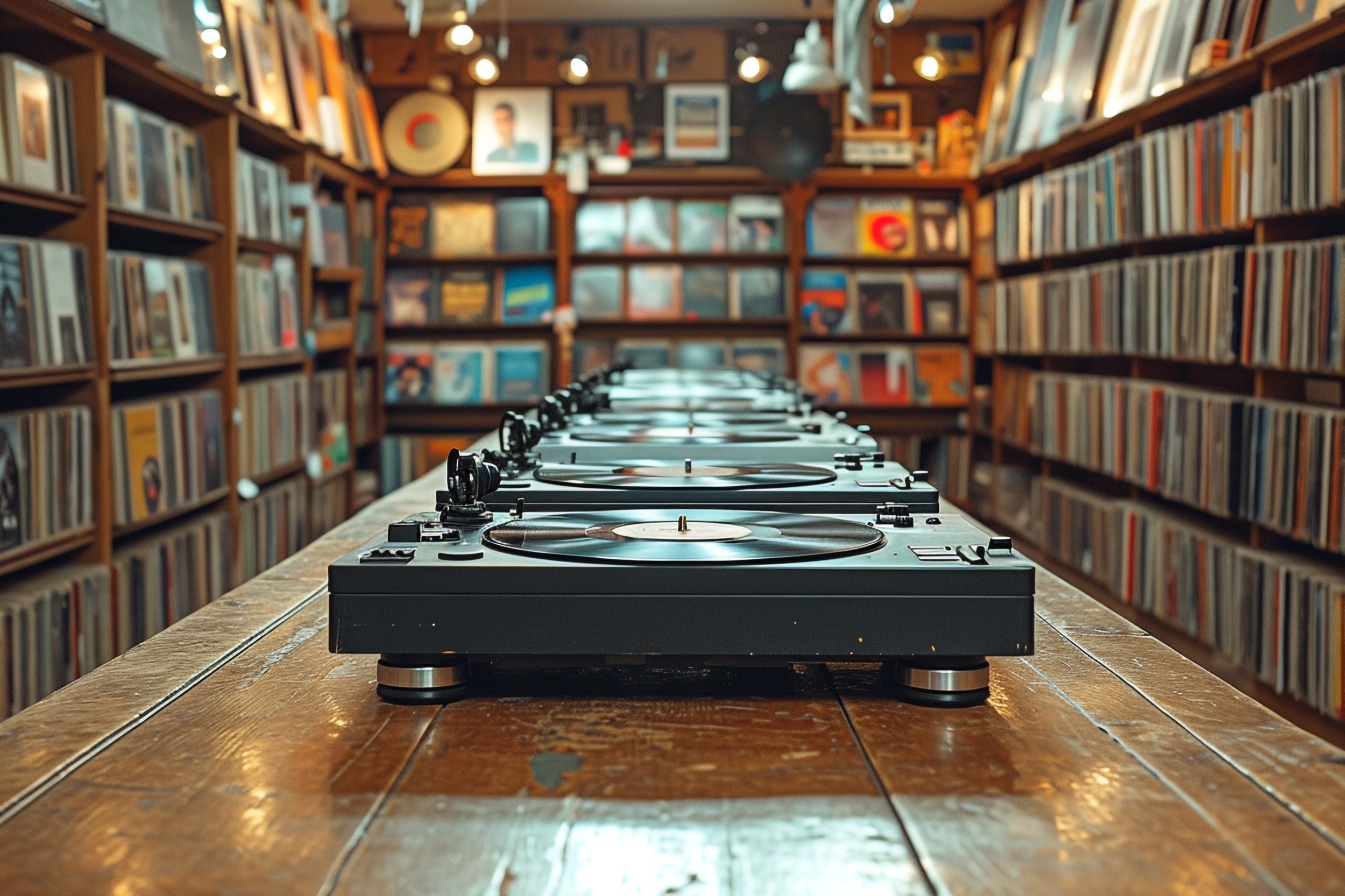 Rows of turntables are lined up on a wooden table in the center of a vinyl record store, with shelves filled with records on both sides and in the background under warm lighting.