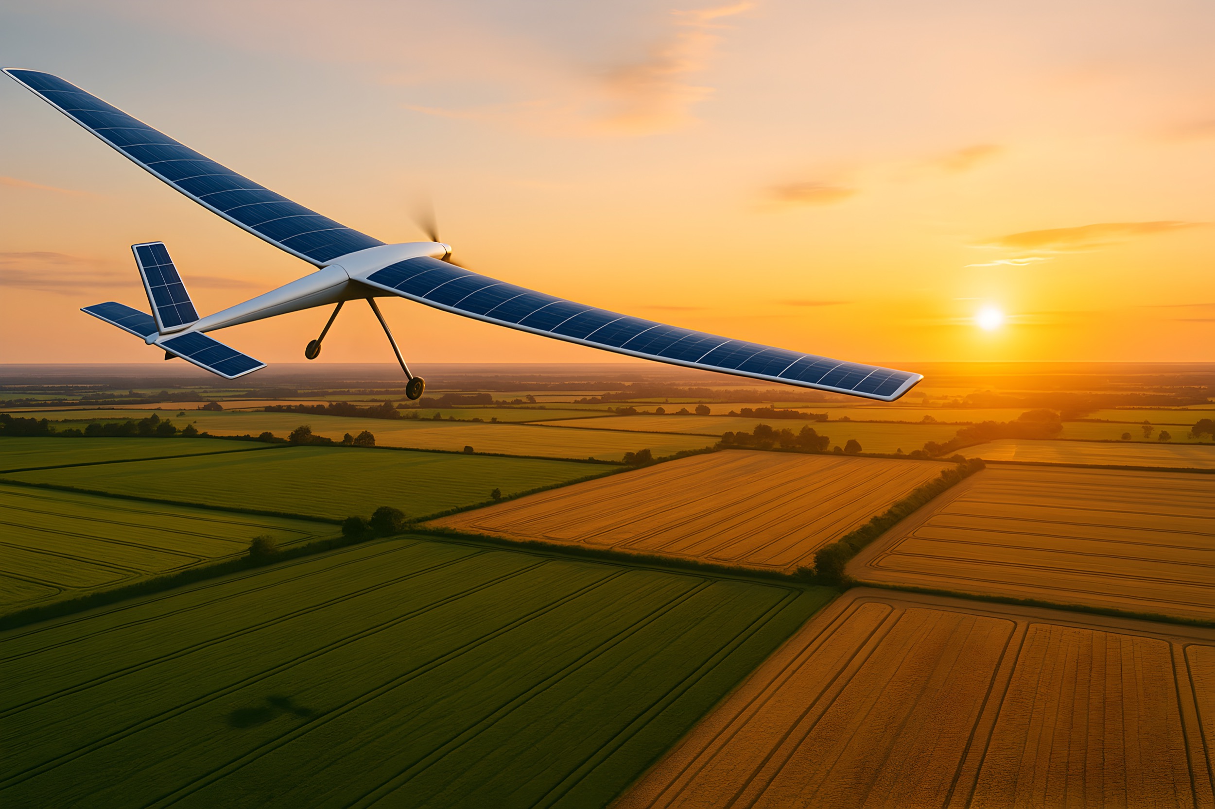 A solar-powered drone with blue solar panels on its wings flies over green and yellow farmland at sunset, with the sun low on the horizon.
