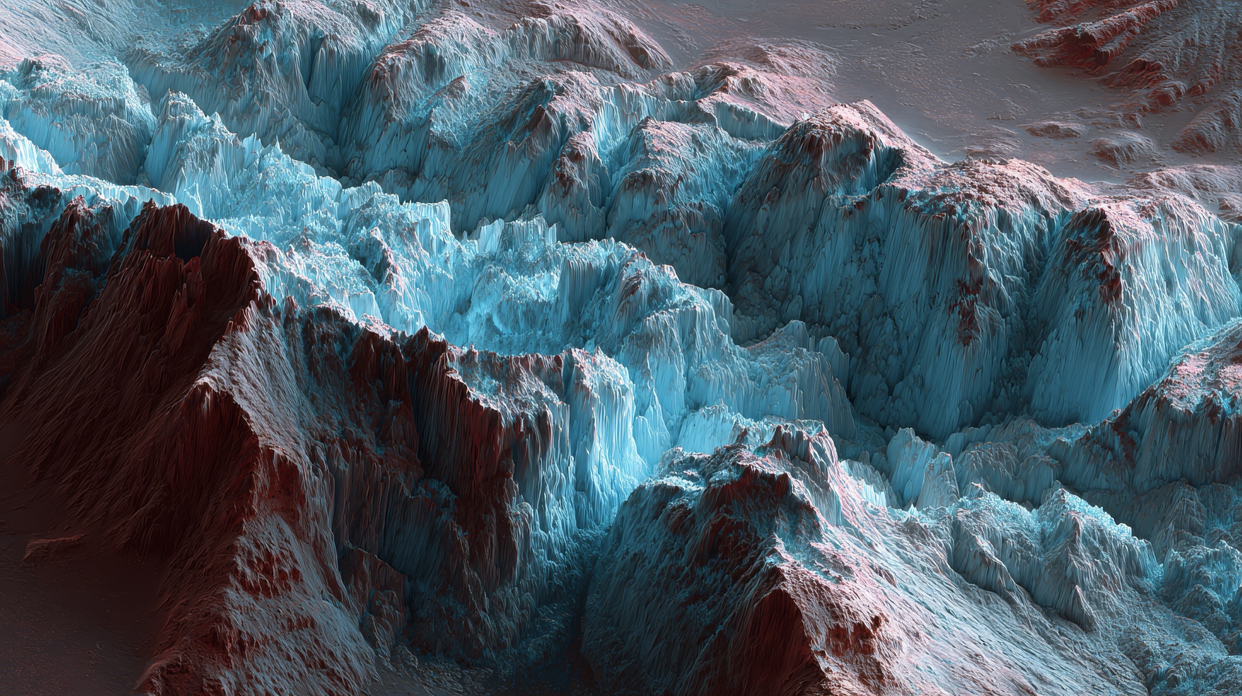 A surreal landscape featuring sharp, icy blue ridges and valleys, with reddish-brown highlights, resembling frozen mountains or an alien terrain under dramatic lighting.