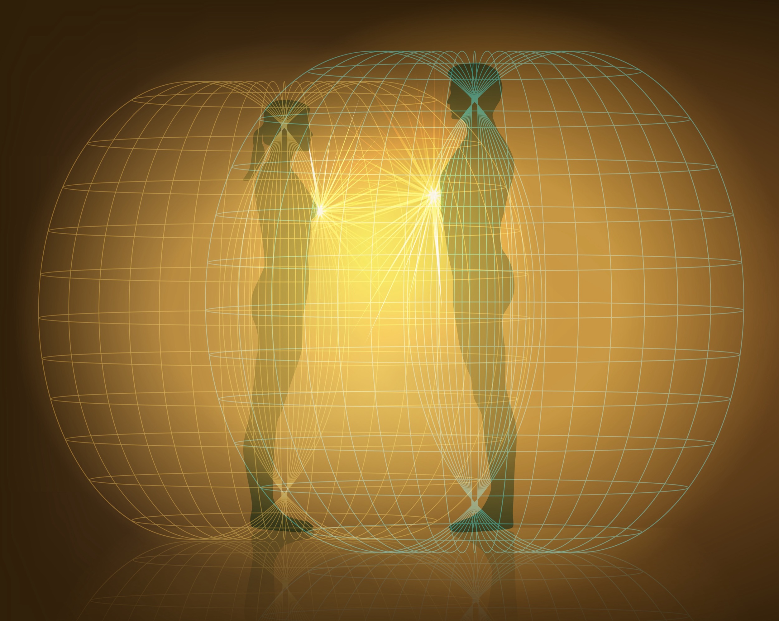 Two translucent human figures face each other with glowing centers at their chests, overlapping within grid-like, spherical fields on a golden background, symbolizing energy or electromagnetic interaction.