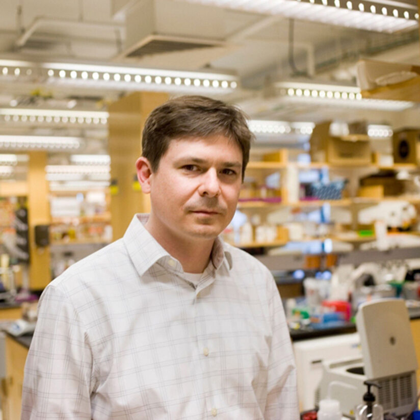 A man in a white checkered shirt stands in a brightly lit laboratory filled with scientific equipment and shelves, looking slightly toward the camera.