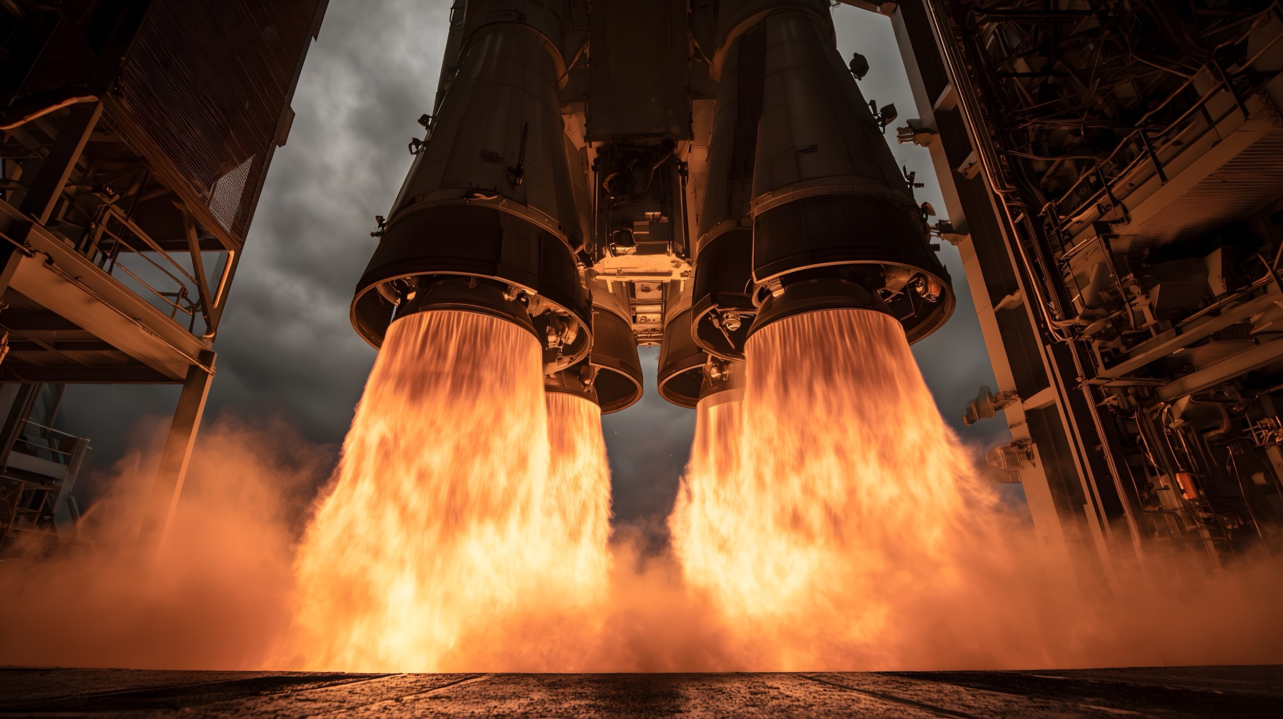 Close-up view of a rocket’s engines blasting intense orange flames and smoke downward during liftoff, with dramatic clouds in the background.