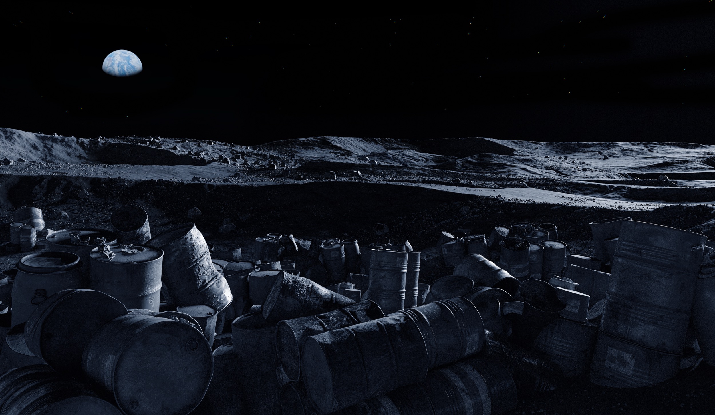 Barrels and metal debris scattered on a barren, rocky lunar landscape under a starry night sky, with Earth visible in the distance above the horizon.