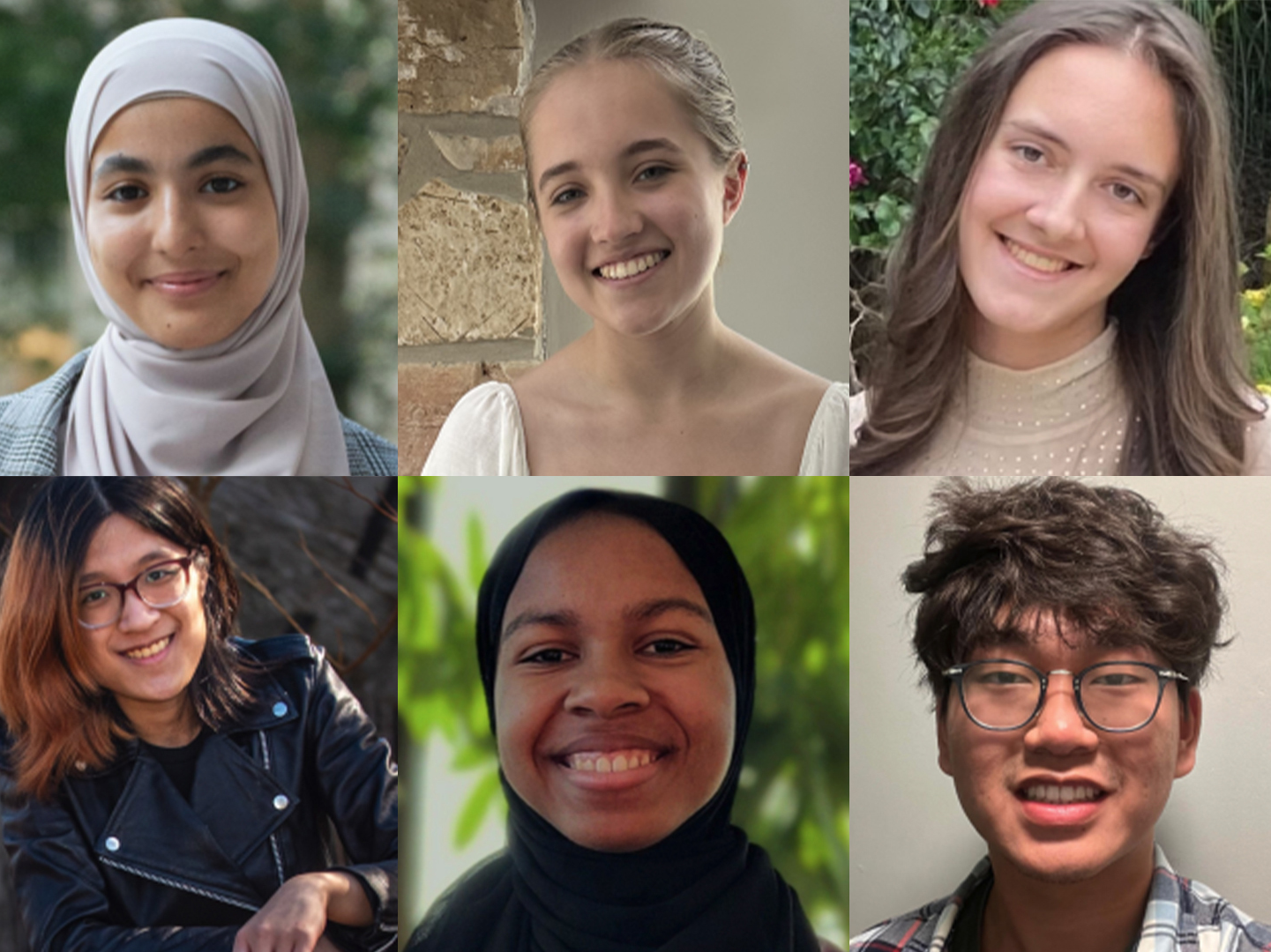 A collage of six young people smiling, each shown from the shoulders up. The group is diverse in appearance, with various hair colors, styles, and clothing, including two wearing hijabs. The backgrounds vary from greenery to indoor settings.