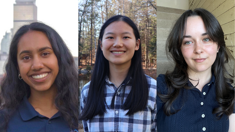 Three young women stand in separate outdoor and indoor settings, all smiling at the camera. The backgrounds include a cityscape, trees, and a beige wall with steps. Each woman has long hair and is wearing a collared shirt.