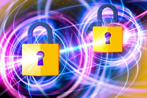 Two yellow padlocks, one closed and one open, float amid swirling, colorful light trails, suggesting a digital or quantum security concept.