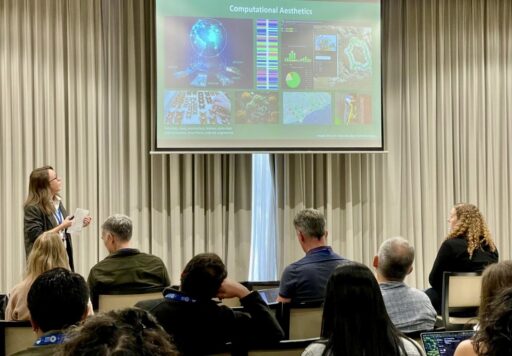 A woman presents to an audience, pointing at a screen displaying charts, graphs, and images under the title Computational Aesthetics. Attendees sit facing the presenter in a conference room.